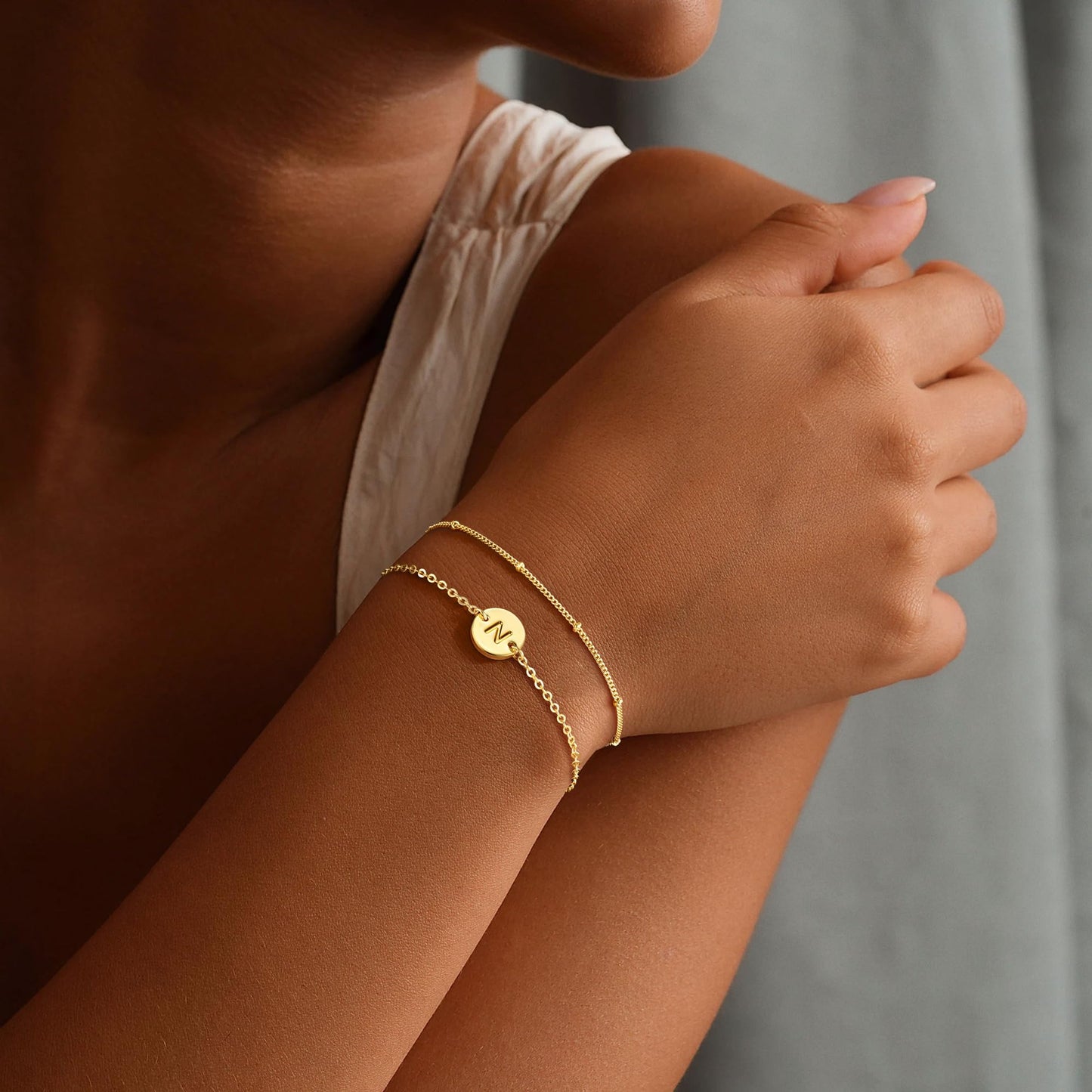 MONOZO Gold Initial Bracelets for Women, Dainty 14K-gold-plated Layered Beaded N Letter Initial Bracelet Personalized Alphabet Disc Monogram Charm Bracelet Jewelry Gifts