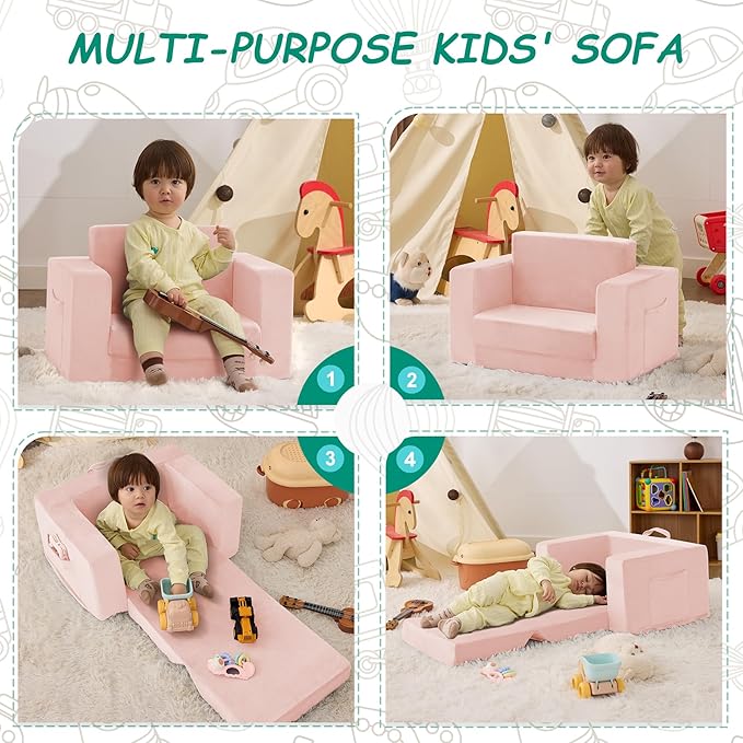 Kids Couch, 2-in-1 Toddler Chair Comfy 1-3 Years, Convertible Kids Chair