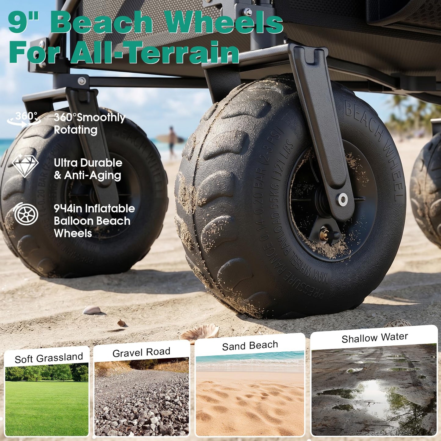 SUNNYFEEL Beach Wagon with Big Wheels for Sand, 550LBS Heavy Duty, 300L Foldable Beach Cart with 9" Balloon Wheels, Collapsible Wagon Cart with Adjustable Handle for Camping, Garden, Outdoor, Black