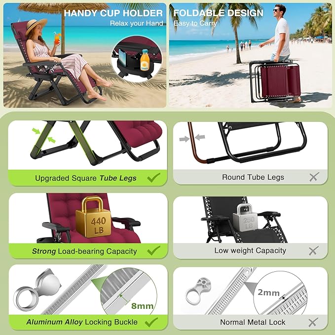 Suteck Zero Gravity Chair, Reclining Camping Lounge Chair w/Removable Cushion, Upgraded Lock and Cup Holder, Reclining Patio Chairs Folding Recliner for Indoor and Outdoor, Claret