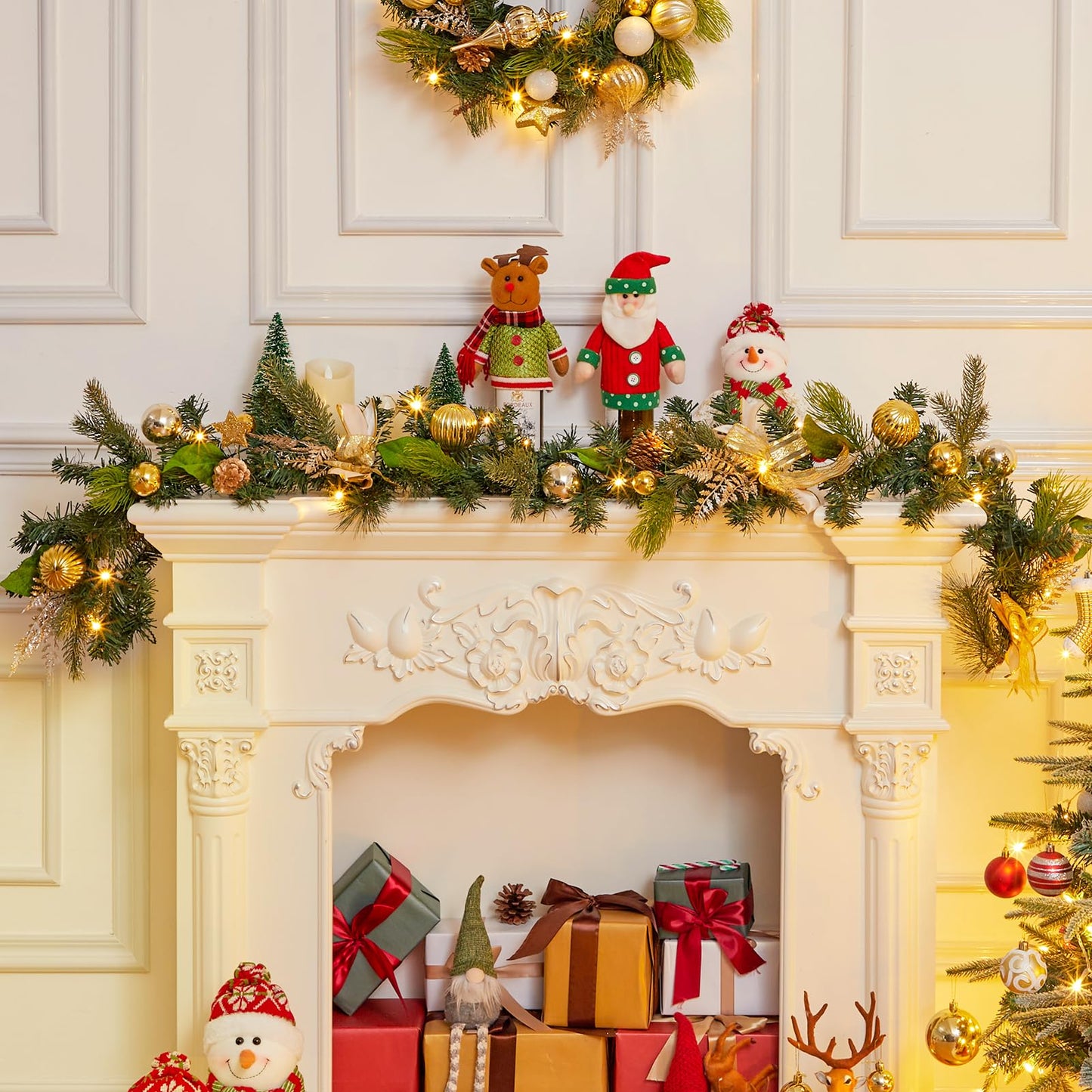 LinTimes 6 FT Pre-Lit Christmas Garland, Gold Lighted Xmas Garland with 20 LED Lights with Timer for Mantle Staircase Table, Winter Garland with Ribbon, Xmas Ball, Pine Cones, Star, Battery Operated