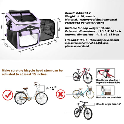 BARKBAY Dog Bike Basket Carrier, Expandable Foldable Soft-Sided Dog Carrier, 2 Open Doors, 5 Reflective Tapes, Pet Travel Bag, Safe and Easy for Small Medium Cats and Dogs (Purple)
