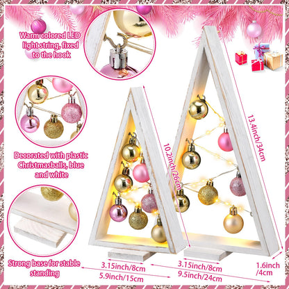 Hungdao 2 Pack Wooden Christmas Tree with Lights and Balls Modern Farmhouse Christmas Table Centerpiece Tabletop Decor for Winter Fireplace Mantle Shelf Home Decor(Pink, Rose Gold)