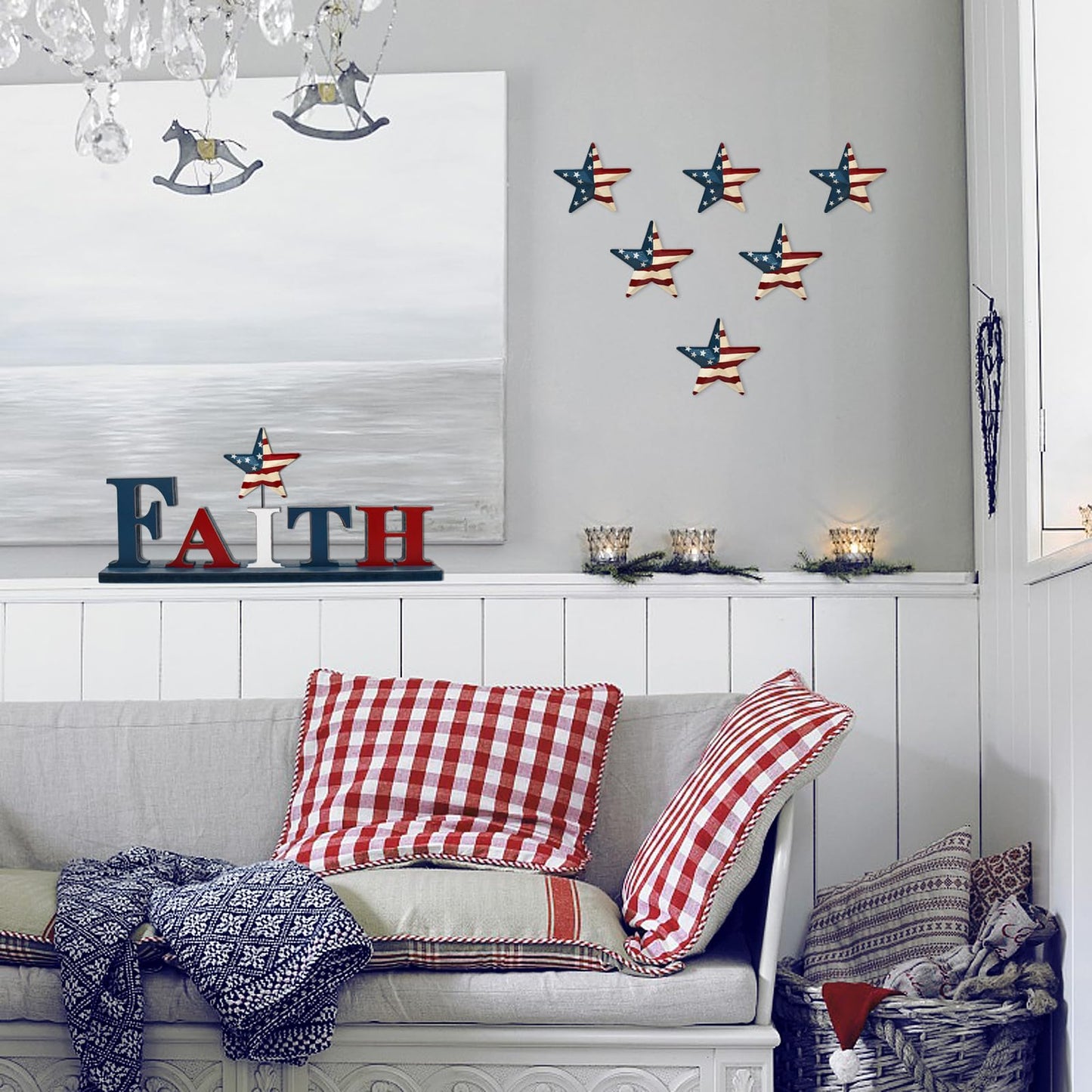 Patriotic Star Ornaments 4th of July American Flag Metal Star Hanging Decorations 3.6x3.6 Barn Decor for Tree Memorial Day Party Decor