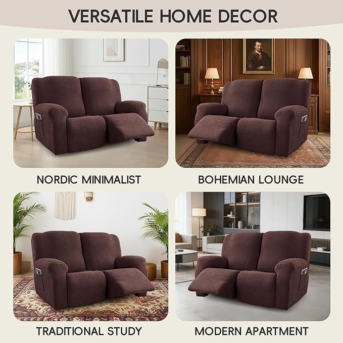 Recliner Loveseat Covers, 4-Piece Stretch Geometric Strokes Jacquard Reclining
