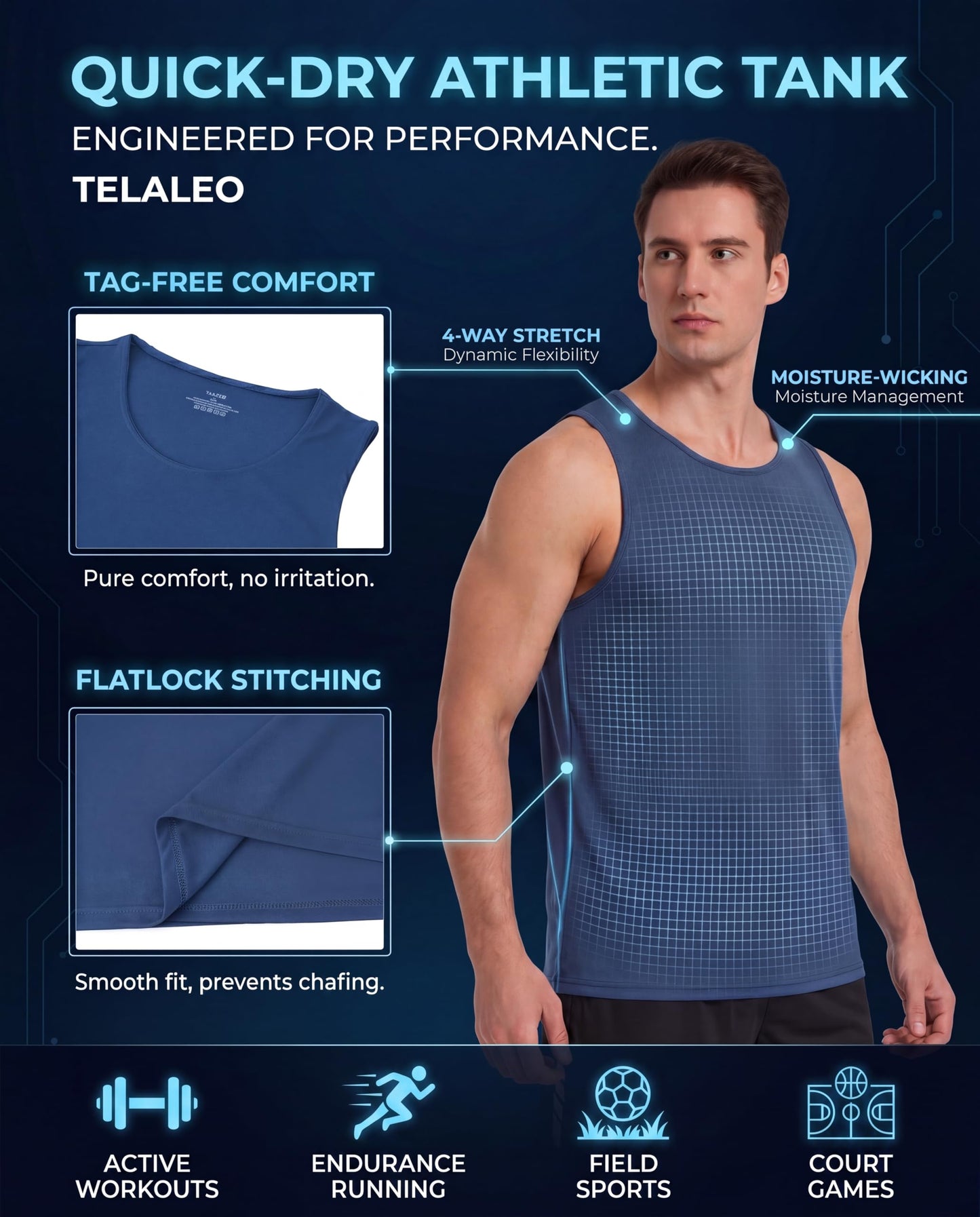 TELALEO 5 Pack Men's Workout Tank Tops Sleeveless Mesh Muscle Gym Shirt Quick Dry Black/Gray/Charcoal/Navy/Blue L