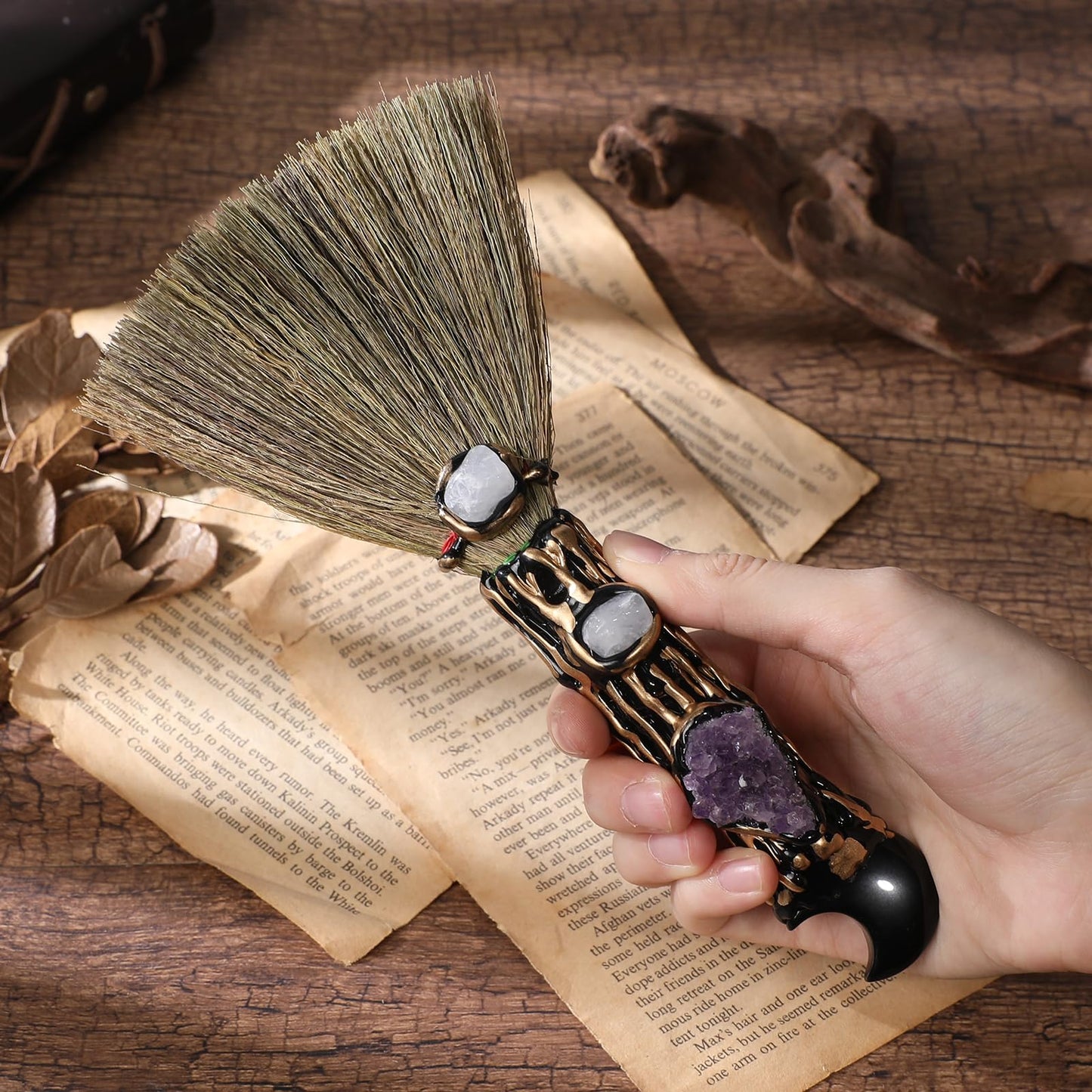 RENEMEGO Witch Crystal Altar Broom - Witchcraft Supplies Wiccan Decor Altar Supplies with Moon Black Obsidian Natural Healing Crystals Reiki Energy Emotional Regulation Wealth Attraction Crafts