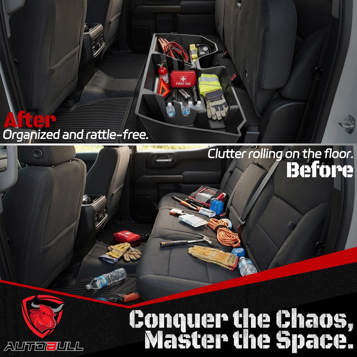 AutoBull Rear Underseat Storage Box For 2019-2026 Chevy Silverado/GMC Sierra 1500,Chevrolet Silverado/Sierra 2500HD 3500HD Double Cab &Crew Cab 2020-2026,Under Seat Storage Organizer w Bin & Mesh Net