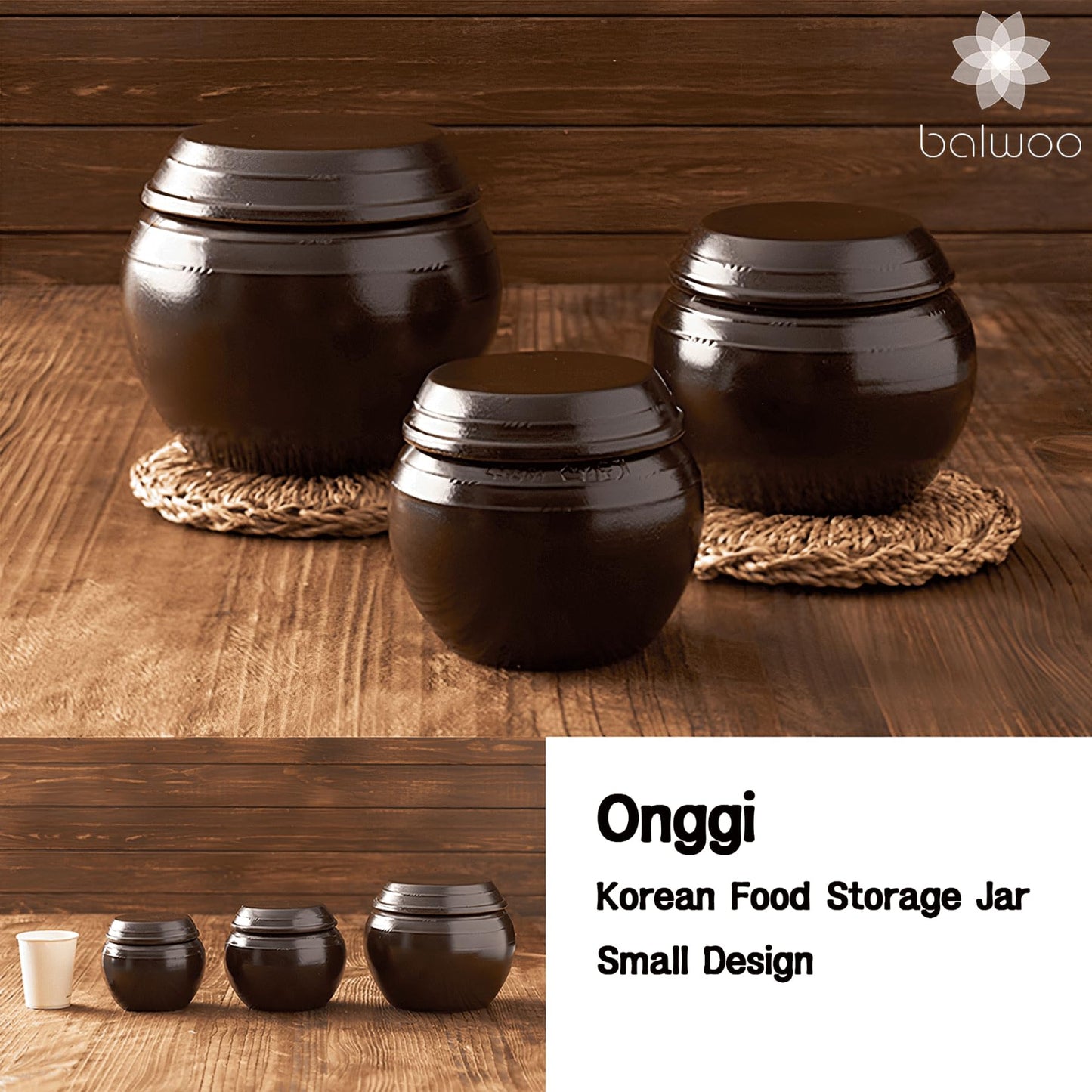 BALWOO Earthenware Onggi Korean Traditional Clay Jar Mini Ceramic Canister/Handmade Food Storage Container for Tea, Coffee Bean, Salt/Breathing Clay Pot Kimchi Fermentation Crock (2L(67.6oz))