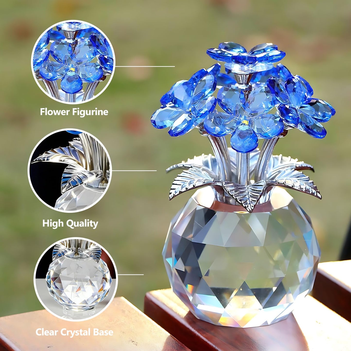 XLSJGYP Blue Crystal Flower Glass Gifts for Sister Girlfriend Women Girl Wife,Crystal Flowers Bouquet Collectible for Wedding Anniversary Mom from Daughter Son (Blue Flower 02)