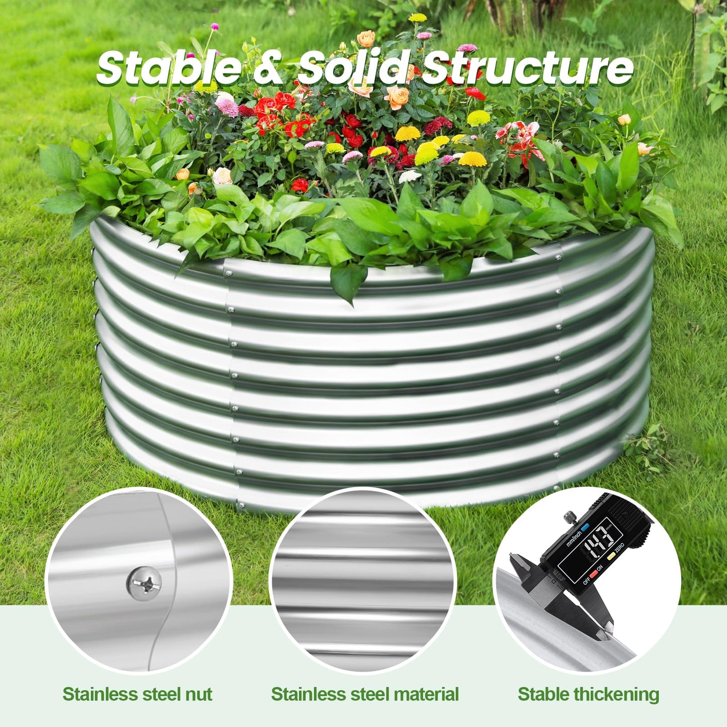 Land Guard 4×4×2ft Galvanized Raised Garden Bed Kit, Round Galvanized Planter Raised Garden Boxes Outdoor, Large Metal Raised Garden Beds for Vegetables, Silver