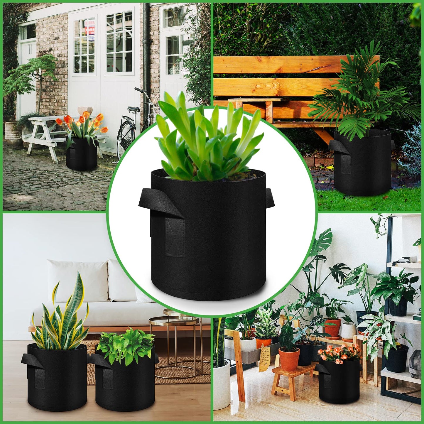 FineGearPow 5 Pack 15 Gallon Grow Bags, Heavy Duty Thickened Nonwoven Fabric Pots with Handles, Planter Grow Bags for Vegetables/Flower/Plant/Fruits, Black
