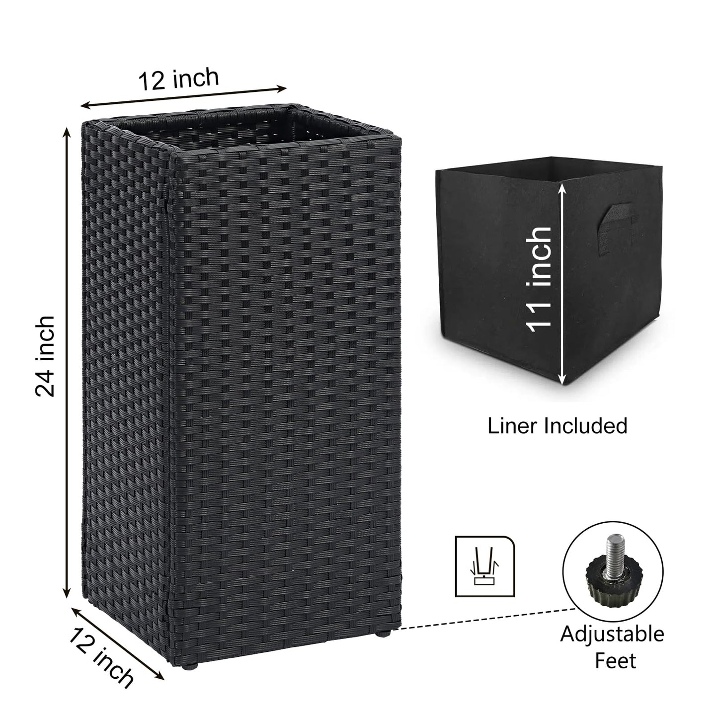 SUNNYPARK 2 Pack Tall Planters for Outdoor Plants Rattan Modern Tall Square Planter Box with Removable Liners Indoor Outdoor Porch Patio Flower Pot (12’’ x 12’’ x 24’’)