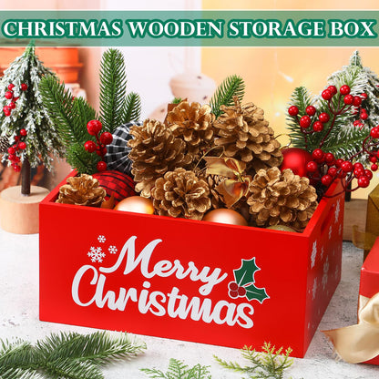Namalu Christmas Hot Cocoa Bar Storage Box Wooden Crate with Handles Hot Cocoa Decorative Rustic Farmhouse Wood Basket Christmas Wood Storage Bins Organizer Bucket for Xmas Candy Dish Home(Red)