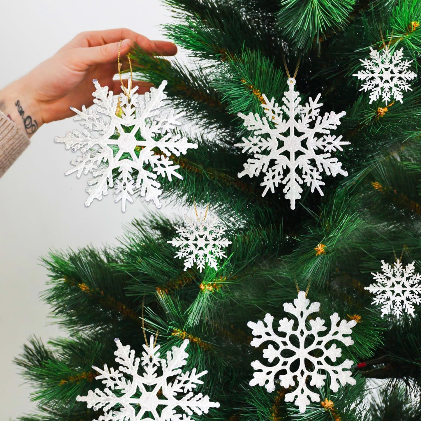 36 Pack White Snowflake Ornaments Plastic Glitter Snow Flakes Ornaments for Winter Christmas Tree Decorations Size Varies Craft Snowflakes