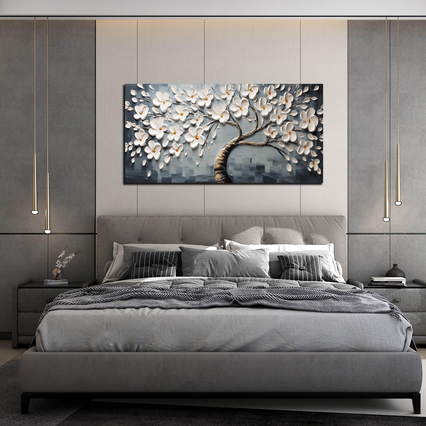 Canvas Wall Art for Living Room White Flowers Tree of Life Picture Print Paintings Large Framed Bedroom Wall Decor Artwork Modern Gallery Plant Wall Decorations Size 24x48 inch Ready to Hang
