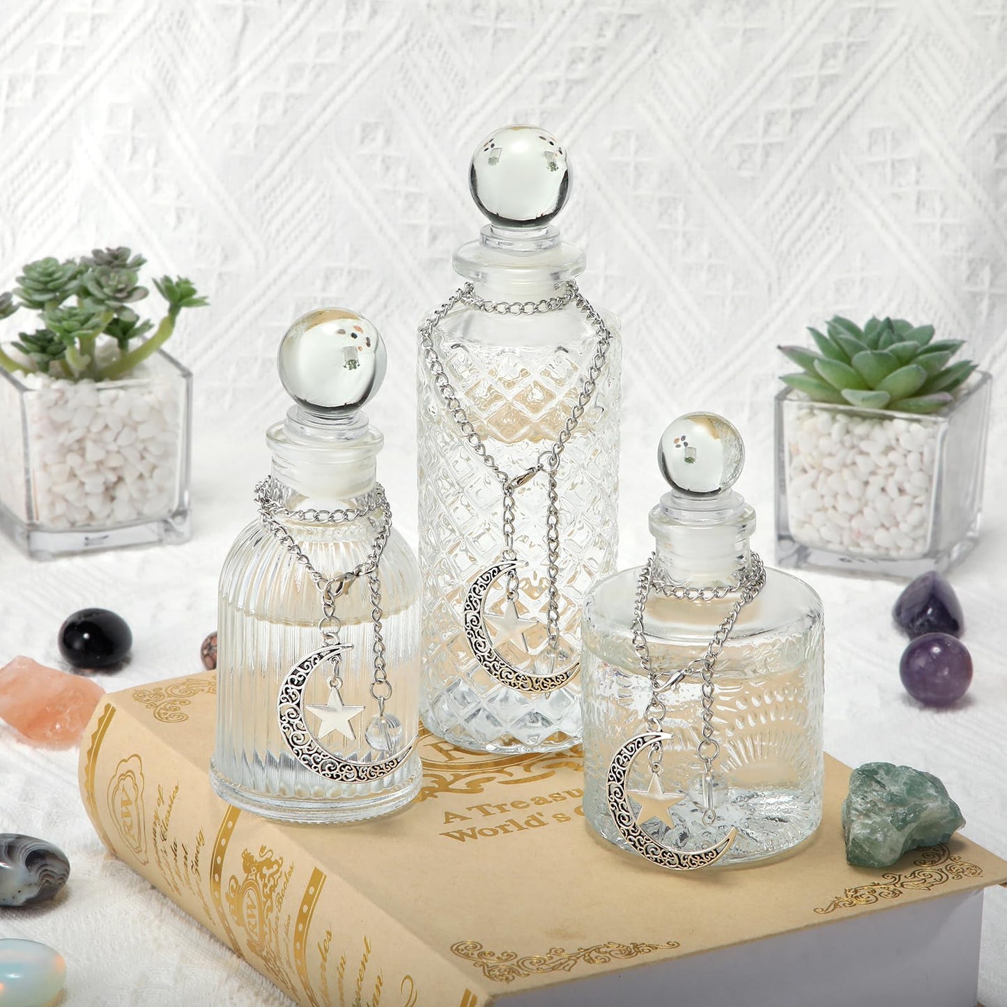 Potchen 3 Pcs Moon Energy Glass Bottle with 3 Lunar Star Spiritual Moonlight Water Jar Chain Charging Container with Lid for Infusing Intentions Crystal Cleansing Meditation Witchcraft Home(Clear)