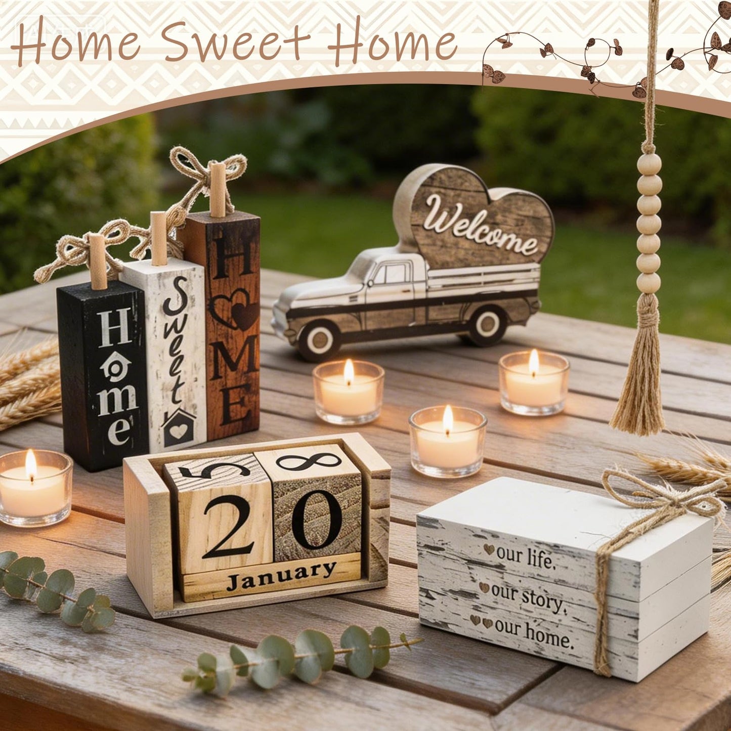 10 Pcs S Double Sided Farmhouse Table Decor Wooden Rustic, Our Home Our Story Life Wooden Book Stack Decor, Home Sweet Home Stacked Blocks Sign for Kitchen Shelf Coffee Table