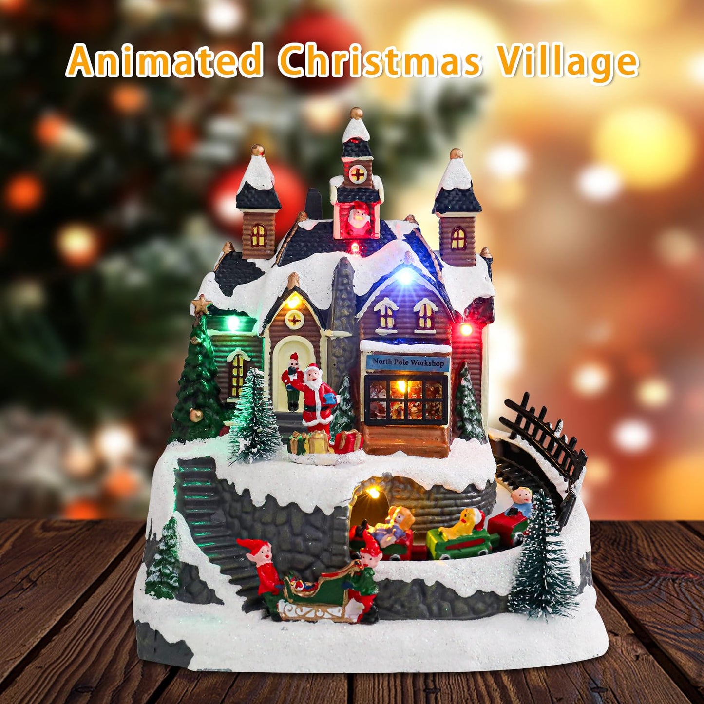 Vipush Christmas Village House Decorations Resin Little Train Home Decor Indoor Building Figurines Revolving Train with LED Light and 8 Christmas Music for Kids