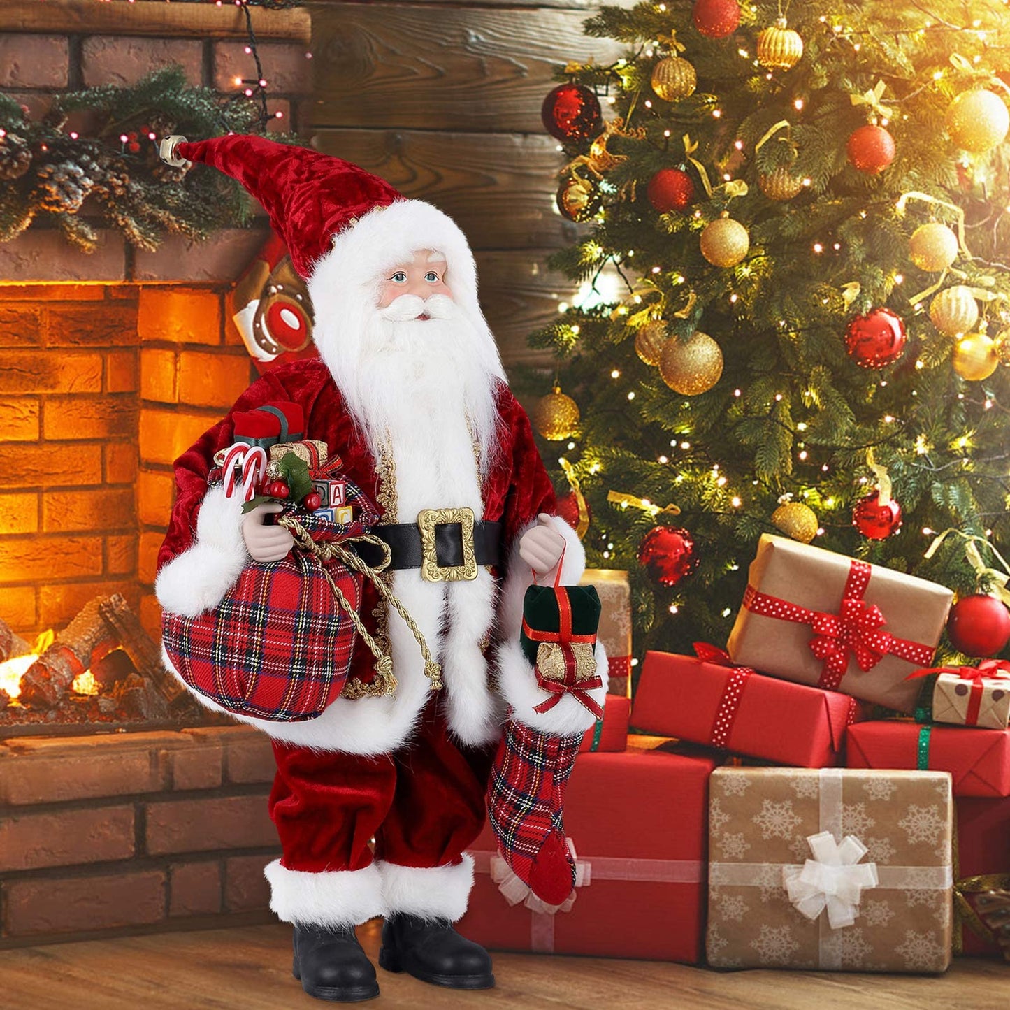 AGM 18" Santa Claus, Christmas Figurine Figure Decor with Christmas Sock and Gifts Bag for Holiday Party Home Decoration
