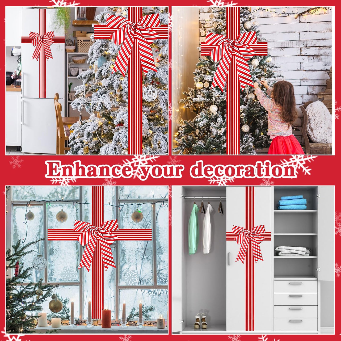 2 Pcs Christmas Cabinet Door Ribbon Bow Large Christmas Wreath Bow Red and White Stripe Festival Wrapping Decorations Xmas Candy Cane Bows for Tree Fireplace Home Holiday Front Door Party Supplies