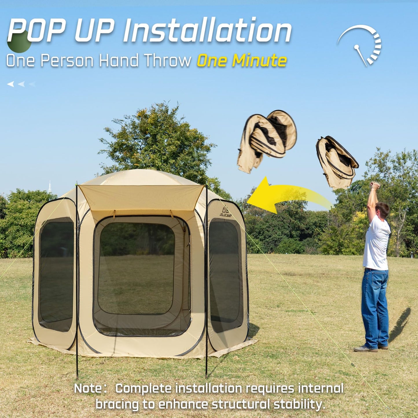 JELUCAMP 10x10 FT Pop Up Screen House Tent - Instant Screened Gazebo Canopy with Mosquito Net, Portable Backyard Tent for 4-6 People, Easy Setup Patio Shelter for Camping, BBQ, Sports & Outdoor