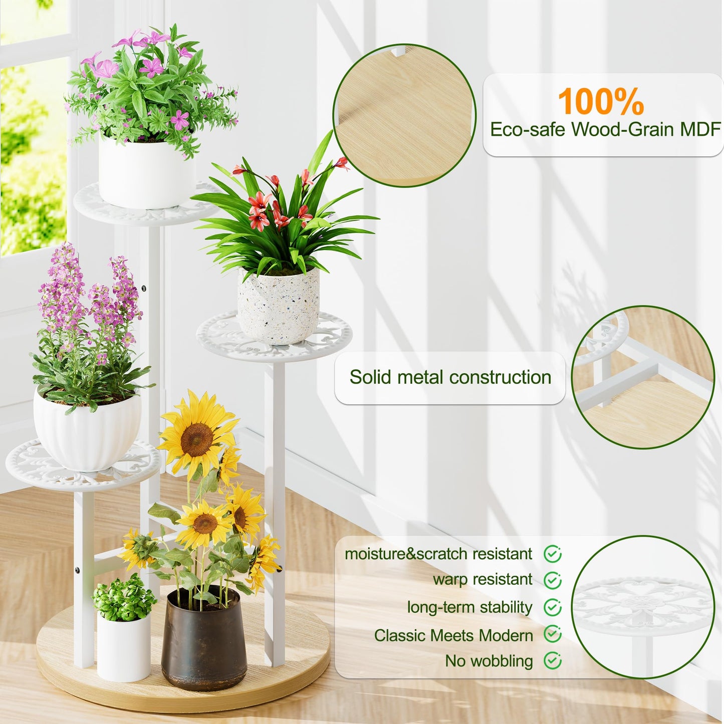 NQW 3 Tier Plant Stand Indoor Outdoor, Tall Metal Wood Shelf Corner Flower Pot Tiered Flower Pot Stands for Patio Garden Balcony Living Room Bedroom