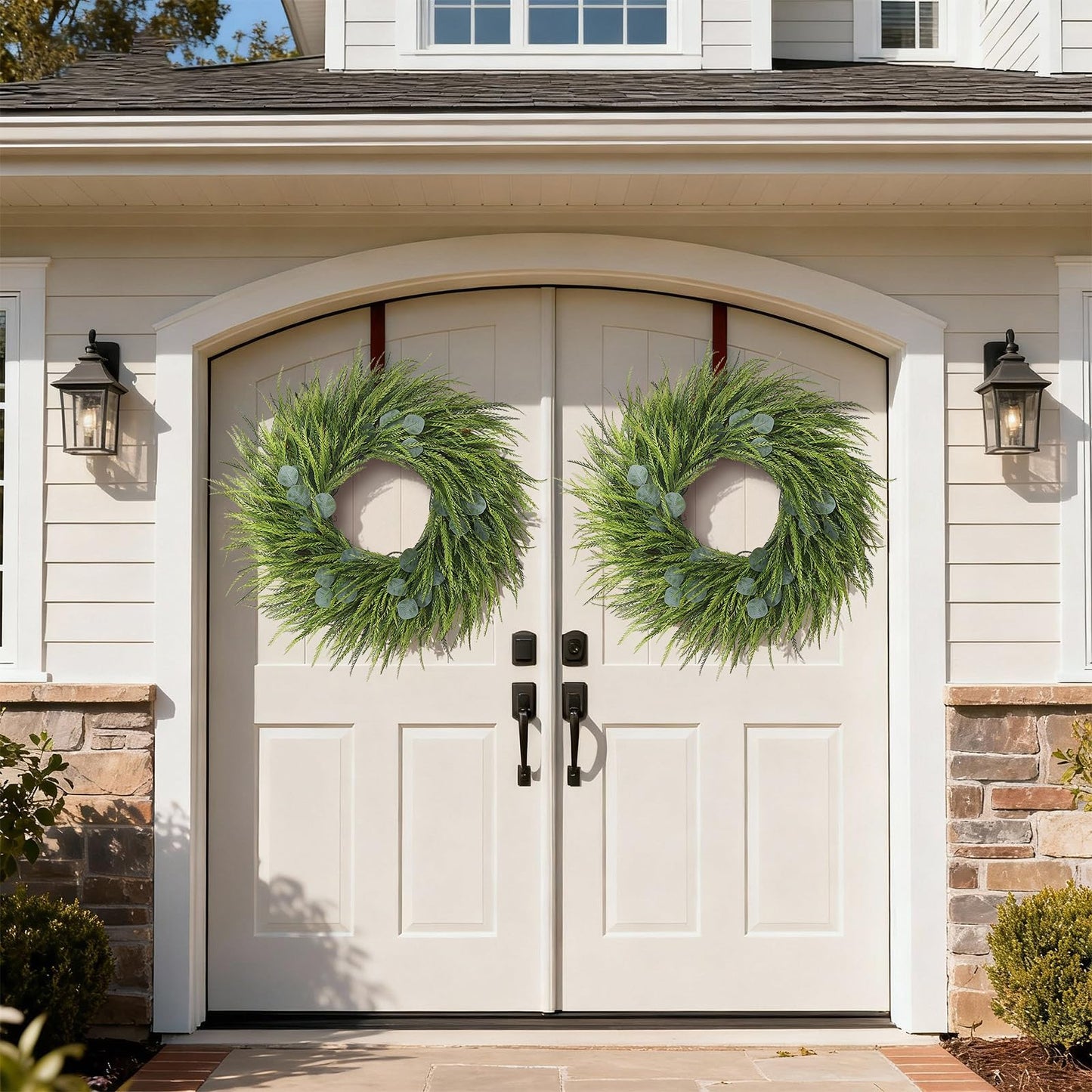 26" Artificial Saw Grass Wreath for Front Door, Lifelike Faux Saw Grass Wreath with Fake Eucalyptus Spring Summer Greenery for Wall Window Fireplace Farmhouse Home Outside Decoration