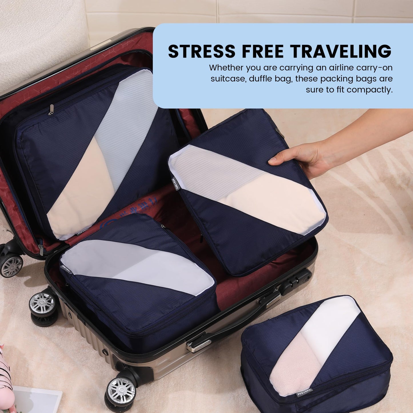 PFEYRPK Travel Packing Cubes, Compression Organizer Set of 4, Lightweight Storage for Suitcase, Vacation, Business Trips (Black)