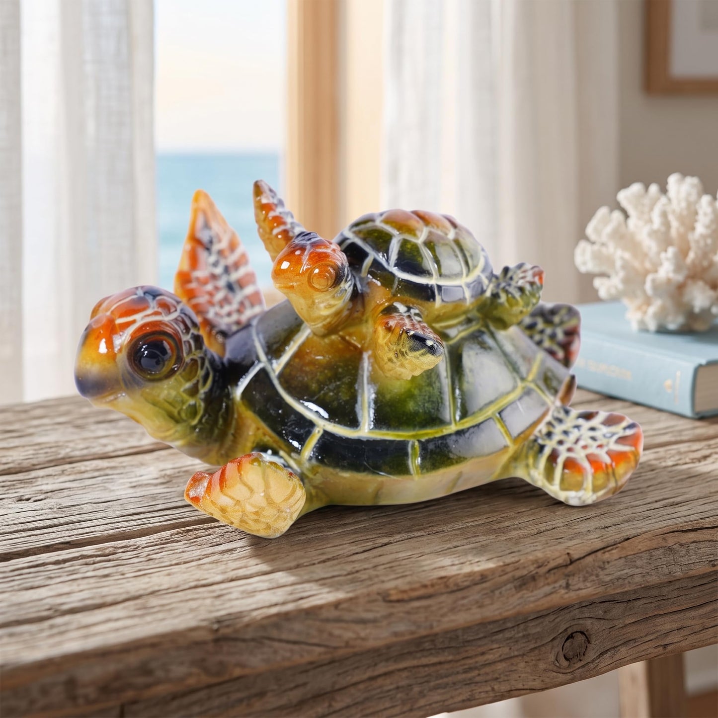 Brizoria Sea Turtle Ocean Decor Coastal Resin Figurines Green Beach Themed Room Decor Textured Shell and Flippers for Shelf Tabletop Bathroom Bedroom Office, Green