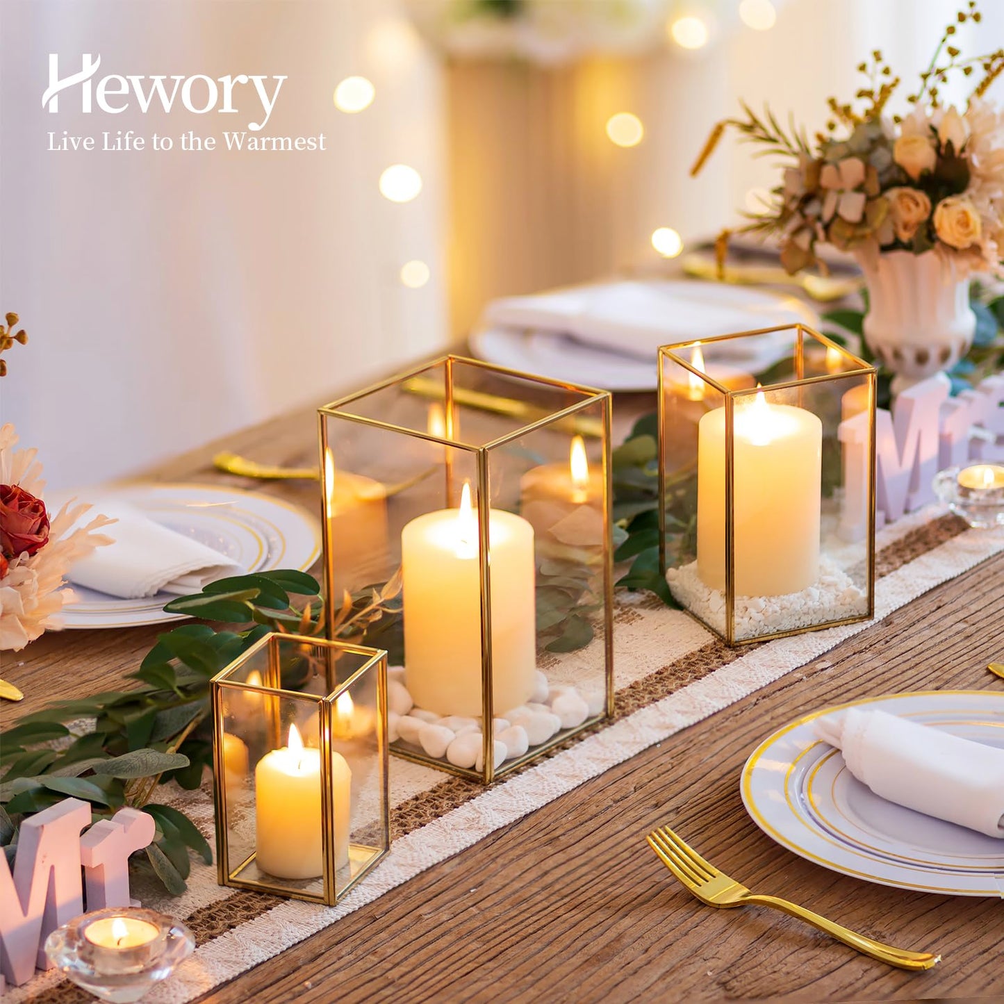 Glass Hurricane Candle Holder Large - Hewory 3pcs Gold Rectangle Flower Holders Centerpiece for Table, Tall Floor Square Pillar Candle Lantern for Wedding, Anniversary, Party, Fireplace, Dining Room