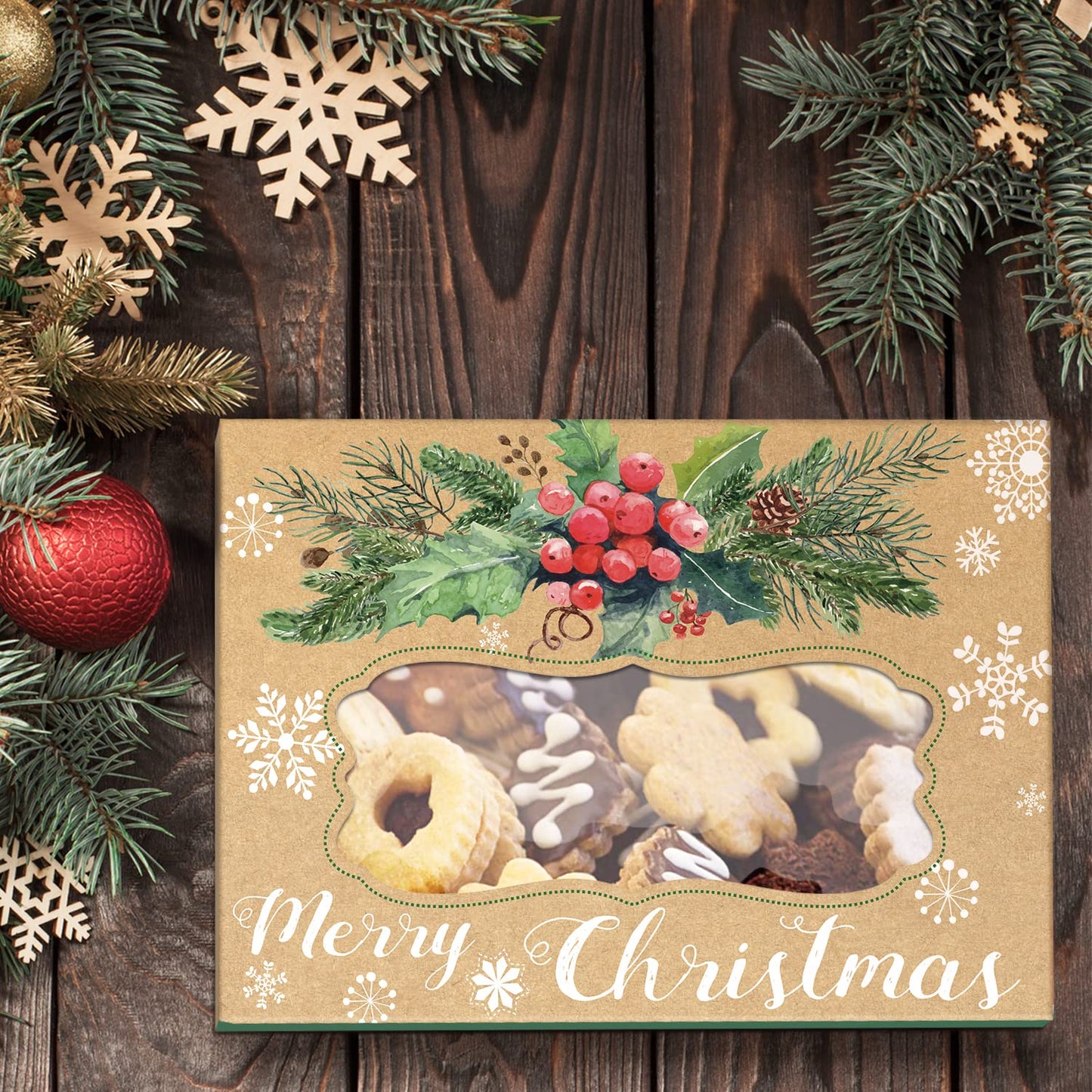 Party Funny 12 Christmas Cookie Boxes -Large Holiday Bakery Food Container for Gift Giving with 80 Count Christmas Foil Gift Stickers