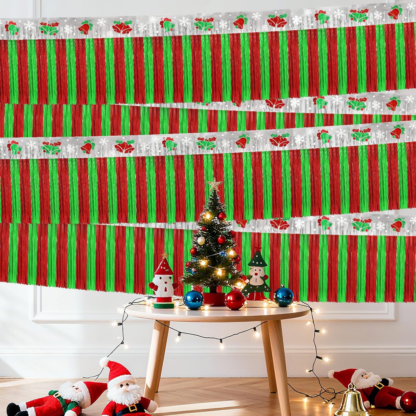 4 PACK Christmas Party Decorations, 79 Feet Foil Fringe Garland Red Sliver and Green Jingling Bell Metallic Tinsel Streamers Banner Wall Hanging Fringe Backdrop Banner for Party Holiday