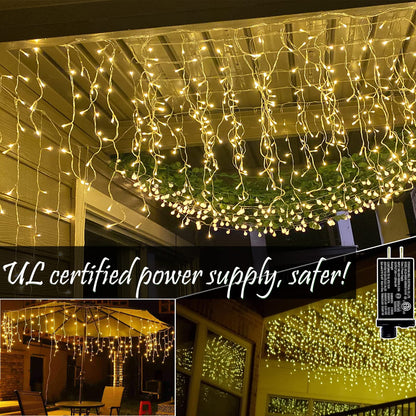 BLOFUN LED Lamps Outdoor Icicle Lights, 32.8 ft 400 LED - 8 Modes Curtain String Lights for Indoor/Outdoor, Wedding, Party, Holiday