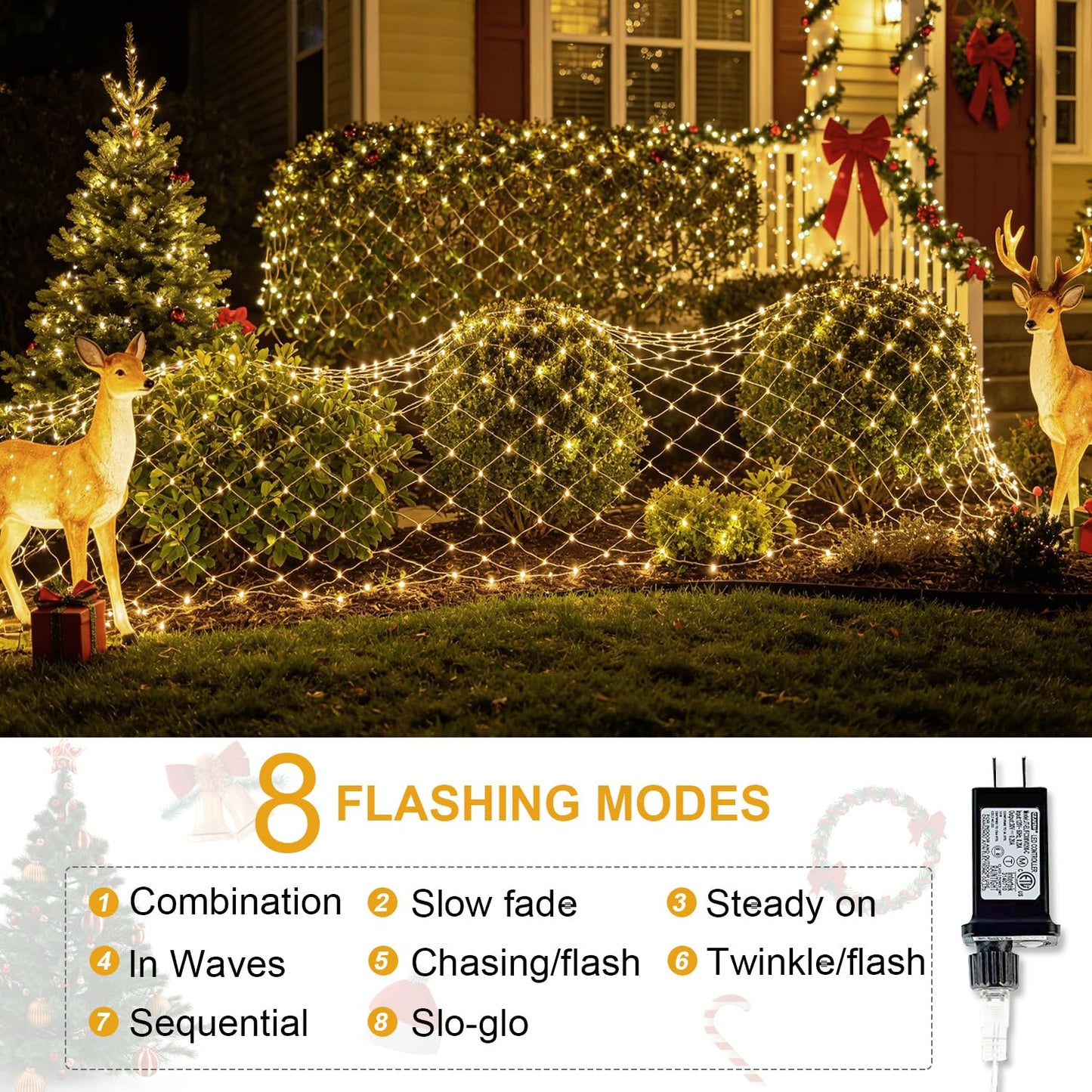 (Upgraded) Outdoor Christmas Lights, 360 LED Christmas Net Lights, 12x5Ft Outdoor String Lights, 8 Modes Waterproof Christmas Decorations for New Year, Bushes, Gardens, Lawns, Patio - Warmwhite