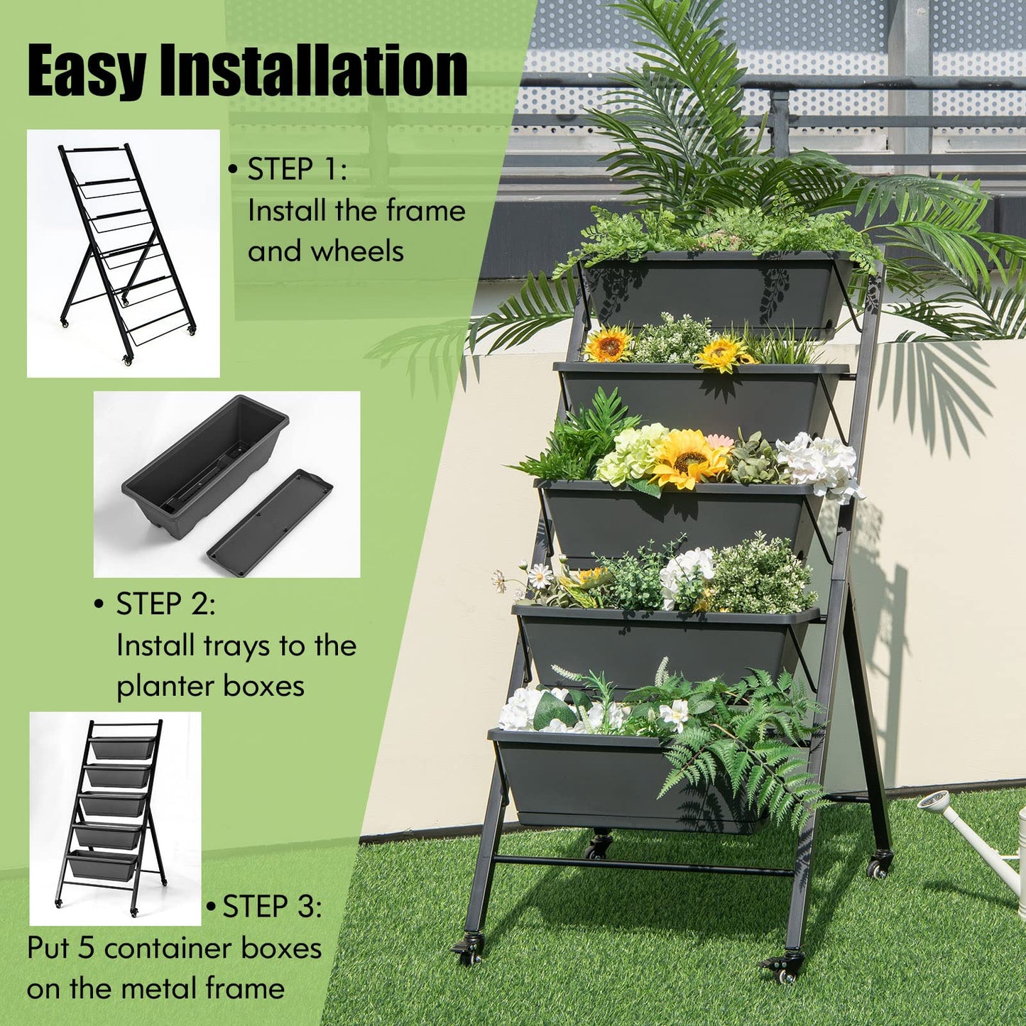 DREAMADE Vertical Garden Bed with Wheels, 5 Tier Raised Garden Bed w/Removable Planter Boxes, Lockable Wheels, Drainage Holes, Rolling Vertical Planter for Herb Vegetable Flower, Outdoor Patio Balcony