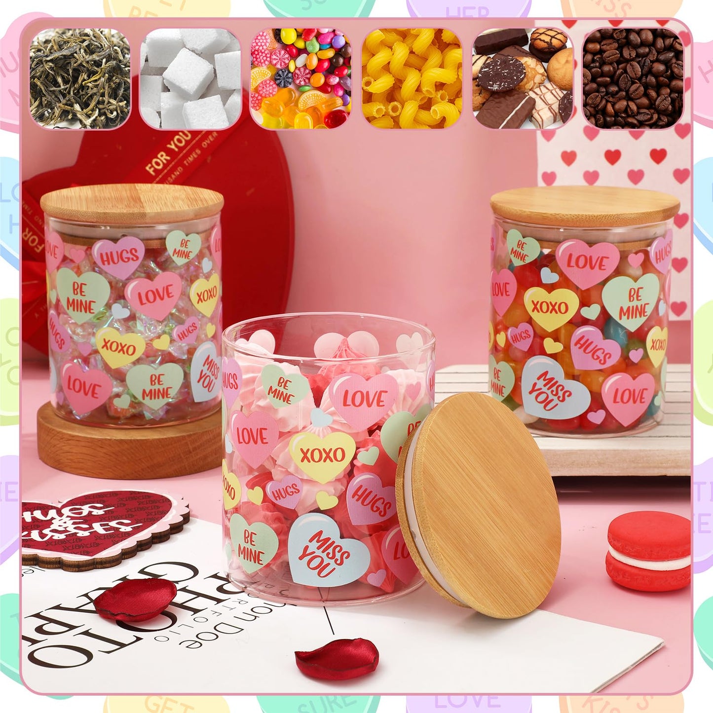JarThenaAMCS 3Pcs Valentine Glass Storage Jars With Airtight Lid Pastel Conversation Heart Decorative Canisters Sets For Home Kitchen Countertop