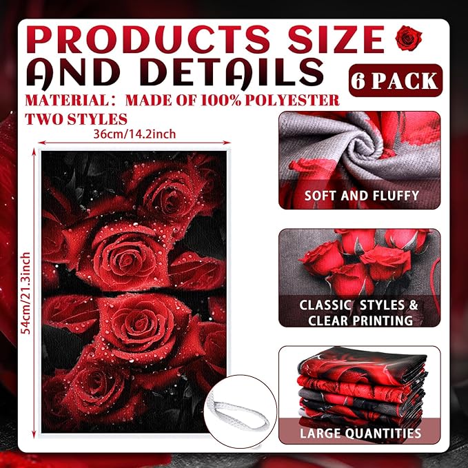 Breling Set of 6 Red Rose Kitchen Towels Vintage Themed Dish Towel Bathroom