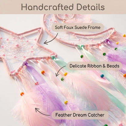 3 Pack Pink Star Moon Sun Dream Catcher - Pink Dream Catchers for Girls, Teen Girl Room Decor, Grils Bedroom Decoration