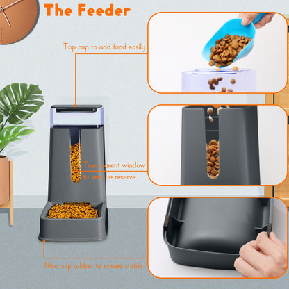 Automatic Cat Feeder and Cat Water Dispenser in Set 2 Packs Automatic Dog Feeder and Dog Water Dispenser 1 Gallon for Small Medium Big Dog Pets Puppy Kitten (deep Gray)