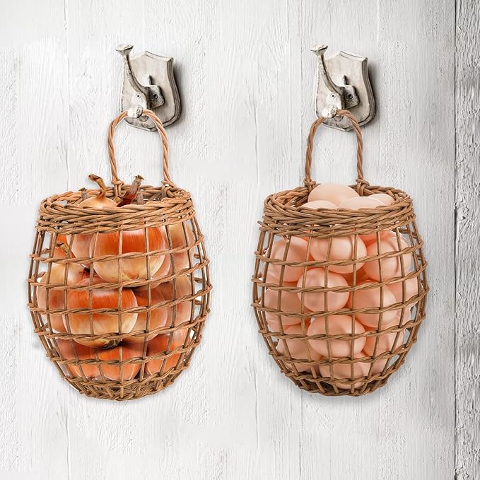 Elsjoy Set of 2 Hanging Onion Basket, Wall Mount Small Wicker Baskets