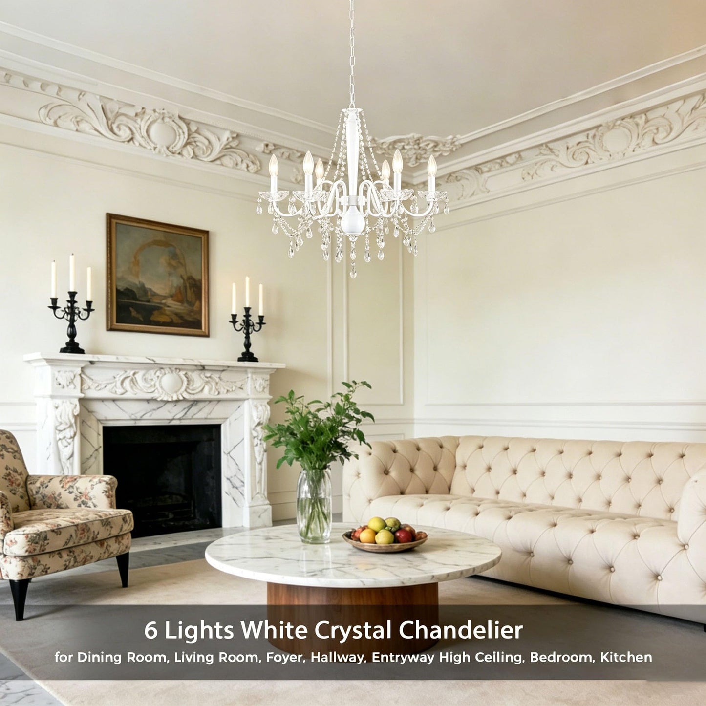 White Crystal Chandelier, 6-Light Modern Chandelier for Dining Room Light Fixture, Elegant Crystal Pendant Ceiling Light Fixture, 25" French Candle Chandelier for Bedroom Living Room Kitchen Entryway