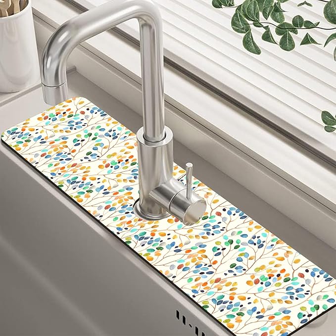 Abstract Watercolor Leaves Sink Faucet Absorbing Mat Sink Splash Guard Faucet