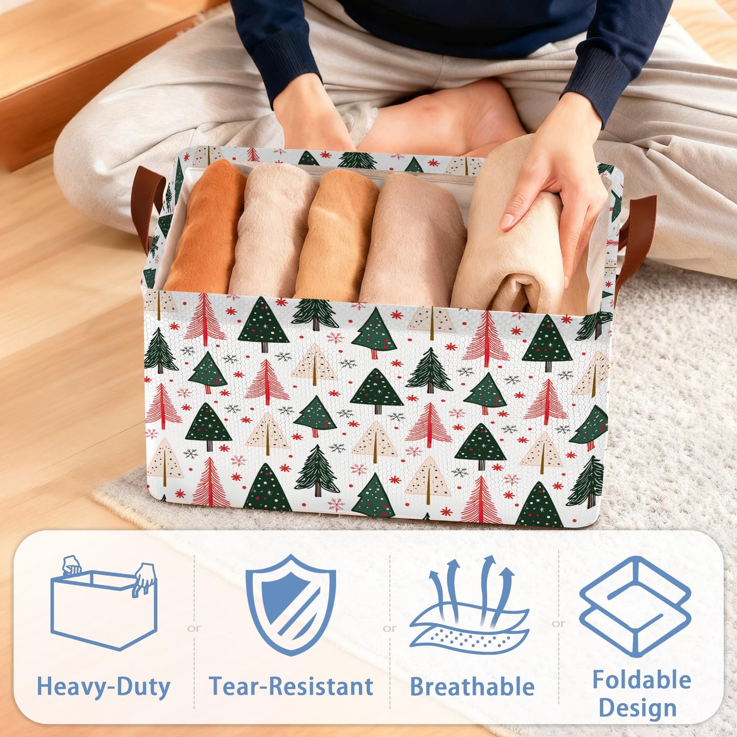Masarua Christmas Tree Collapsible Storage Box,Winter Organizer Bin with Handles for Room Decoration,Bins Book Basket Box 17x11.5x10Inch