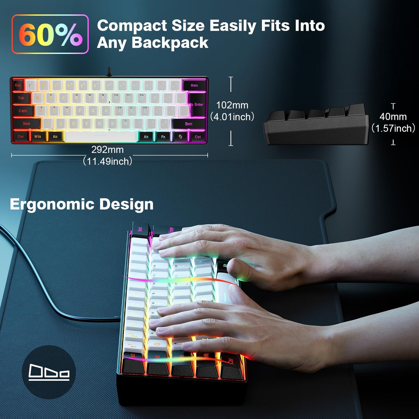 Snpurdiri 60% Wired Gaming Keyboard, RGB Backlit,Ultra-Compact Mini Keyboard with Detachable Cable,Black and White Color