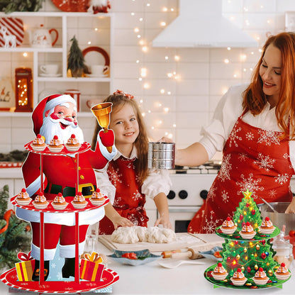 PRATIQUE 2Pcs Christmas Cake Stand Set with Santa & Tree,3-Tier Dessert Display Tower and Santa with Bell Ornament, Rustic Xmas Party Centerpiece for Holiday Cupcakes, Candy, Hot Cocoa Bar Decor