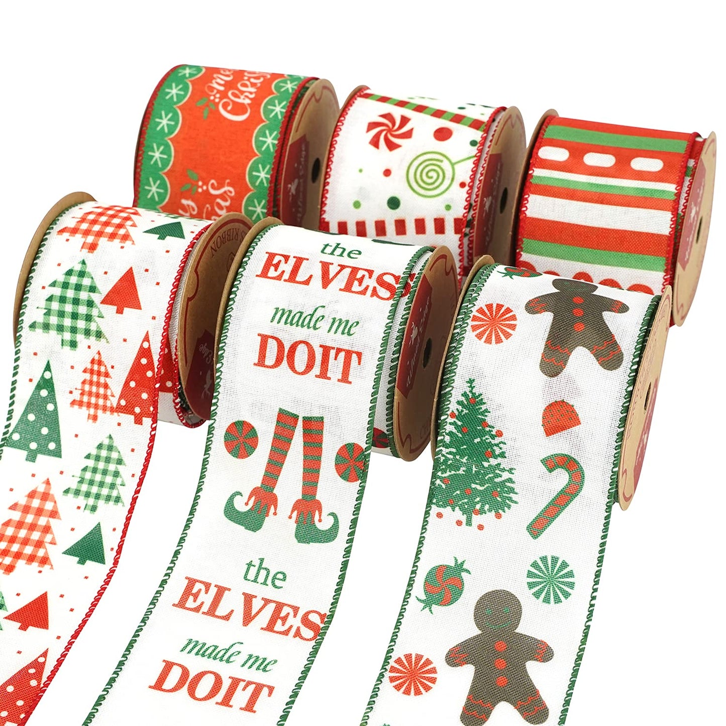 MEEDEE Christmas Ribbon Set - Wired Burlap Ribbon, 2.5 Inch, 6 Rolls, 36 Yards, Red & Green for Trees, Wreaths & Decorations