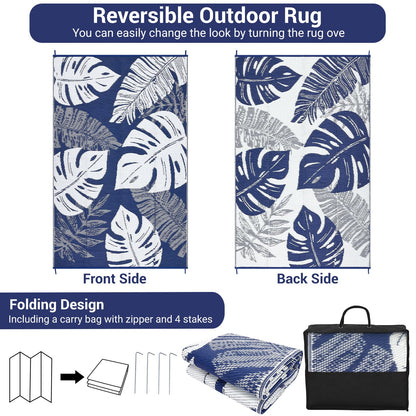 IDEALHOUSE Outdoor Rug 9x18 Ft, Waterproof Plastic Reversible Rug, Modern Leaf Pattern Plastic Camping Mat for Outdoors, RV, Patio, Backyard, Deck, Picnic, Beach, Traile(Dark Blue & White)