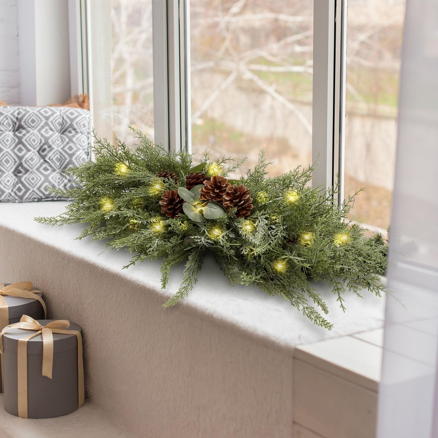 Yalikop 24.5 inch Christmas Swags with Light Artificial Pine Needles Swag Decoration Greenery Christmas Swag for Front Door Window Stair Fireplace Mantle Holiday Xmas Decor (Pine Cone)