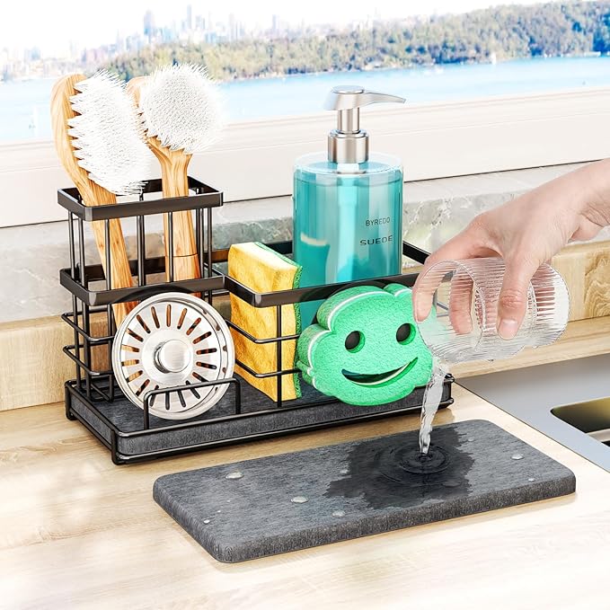 SWTYMIKI Kitchen Sink Caddy Organizer, Quick Dry Smiley Face Sponge Holder